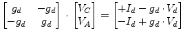 $\displaystyle \begin{bmatrix}g_{d} & -g_{d}\\ -g_{d} & g_{d}\\ \end{bmatrix} \c...
...n{bmatrix}+I_{d} - g_{d}\cdot V_{d}\\ -I_{d} + g_{d}\cdot V_{d}\\ \end{bmatrix}$