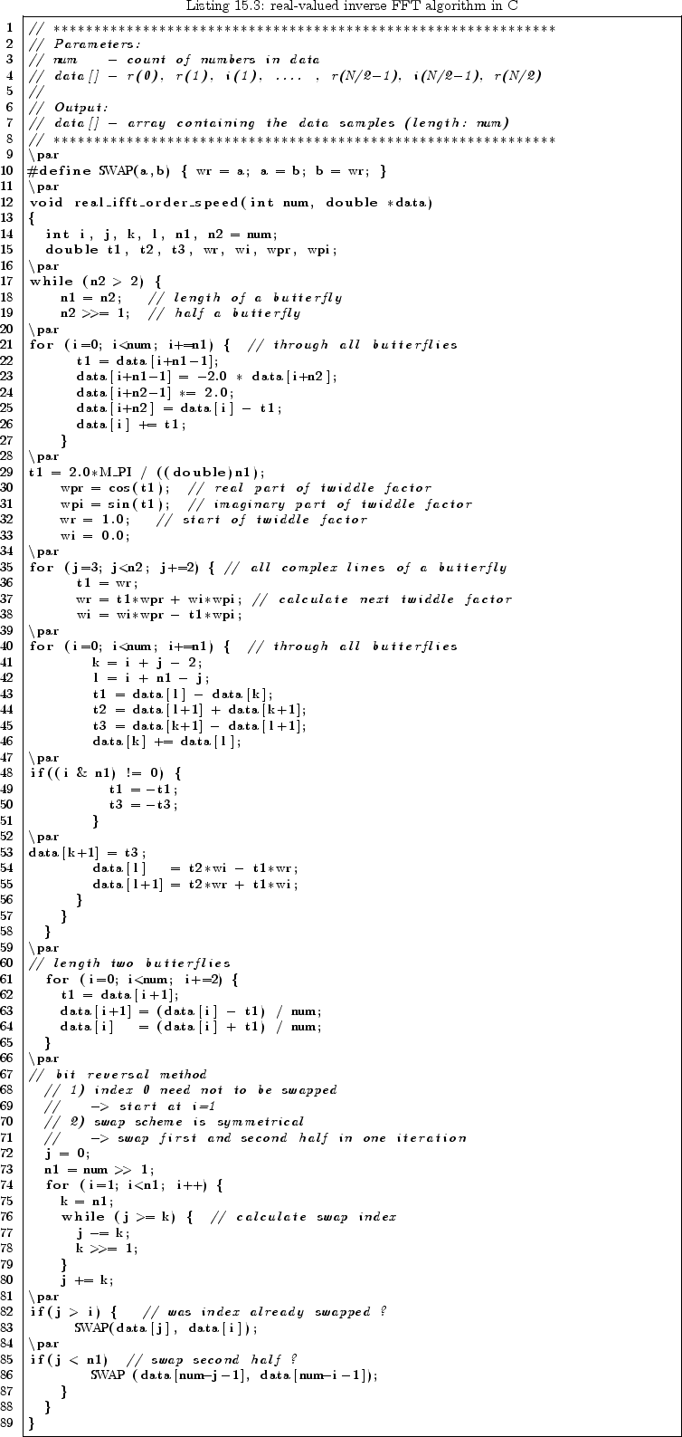 \begin{lstlisting}[language=C++,
caption={real-valued inverse FFT algorithm in ...
...wap second half ?
SWAP (data[num-j-1], data[num-i-1]);
}
}
}
\end{lstlisting}