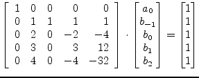 $\displaystyle \left[\begin{array}{lrrrr} 1 & 0 & 0 & 0 & 0\\ 0 & 1 & 1 & 1 & 1\...
...\\ b_1\\ b_2\\ \end{bmatrix} = \begin{bmatrix}1\\ 1\\ 1\\ 1\\ 1\\ \end{bmatrix}$