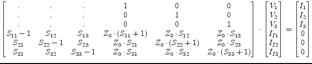 $\displaystyle \begin{bmatrix}. & . & . & 1 & 0 & 0\\ . & . & . & 0 & 1 & 0\\ . ...
... \end{bmatrix} = \begin{bmatrix}I_{1}\\ I_{2}\\ I_{3}\\ 0\\ 0\\ 0 \end{bmatrix}$